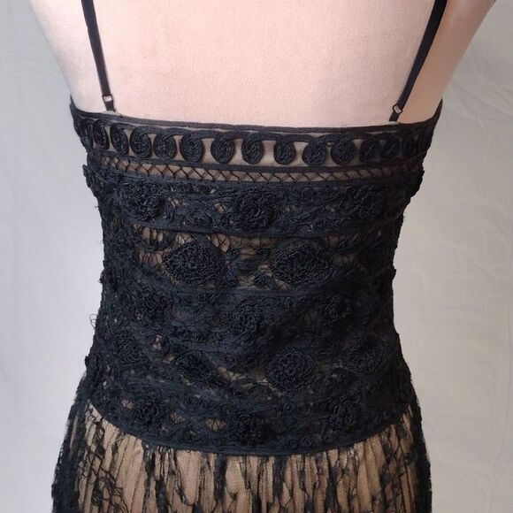 Sue Wong Y2K Black Gold Floral Crochet Lace Tank Midi Slip Dress Size 8 - Picture 16 of 17
